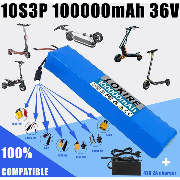 36V 100Ah 18650 10S3P Tragbarer Lithium-Ionen-Akku, Lithium-Ionen-Akku, Ersatzakku, mit BMS 42V2A Ladegerät