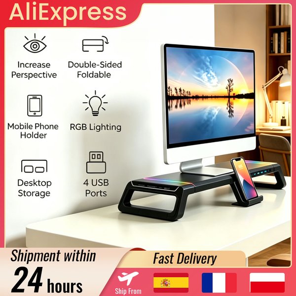 Monitorständer Schreibtisch-Monitorhalterung mit Aufbewahrungsschublade & Handyhalter, Leichtes Robustes Aluminium ABS-Material Monitor-Schreibtischregal