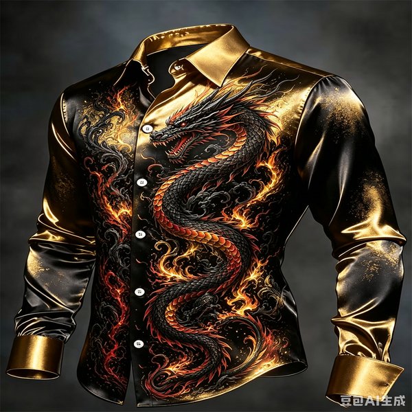 Herren Luxus-Satinhemd mit Chinesischem Drachen-Feuertotem-Druck, Langarm-Knopfhemd, Streetwear, Party, Formell, Casual, Herrenbluse