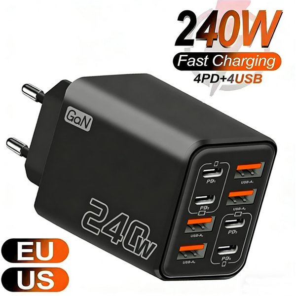 240W GaN USB-C-Ladegerät 8-in-1 Schnellladegerät für Handys, Netzteil für iPhone, Samsung, Xiaomi, Typ-C, EU/US-Stecker, Wandladegerät
