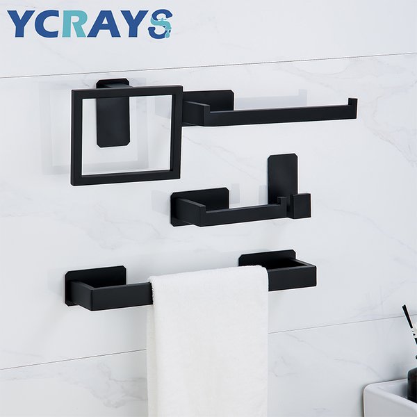 YCRAYS Schwarz Kein Bohren Bad Hardware Sets Toilettenpapierhalter Handtuchhalter Bar Schiene Robe Haken Für Badezimmer Produkte Zubehör