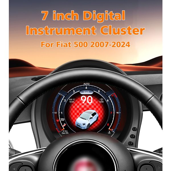 Digitales Armaturenbrett für Fiat 500 2007-2024 mit Carplay, Auto-LCD-Panel, Tachometer, Kombiinstrument, Cockpit-Display, Fahrzeuganzeige, Virtuelles Cockpit