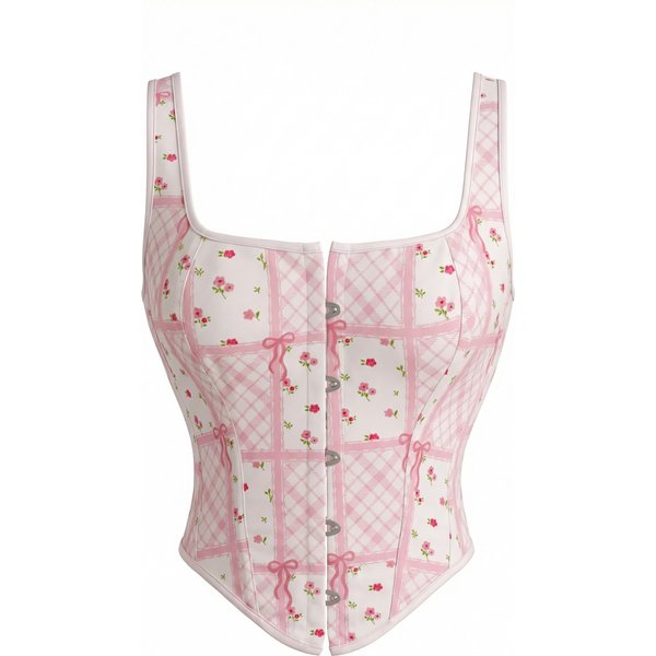 Damen Korsett-Top in Rosa mit Gingham-Blumenmuster, Schleife, verstellbaren Trägern, Hakenverschluss vorne, Schnürung hinten, im Cottagecore-Lolita-Stil.
