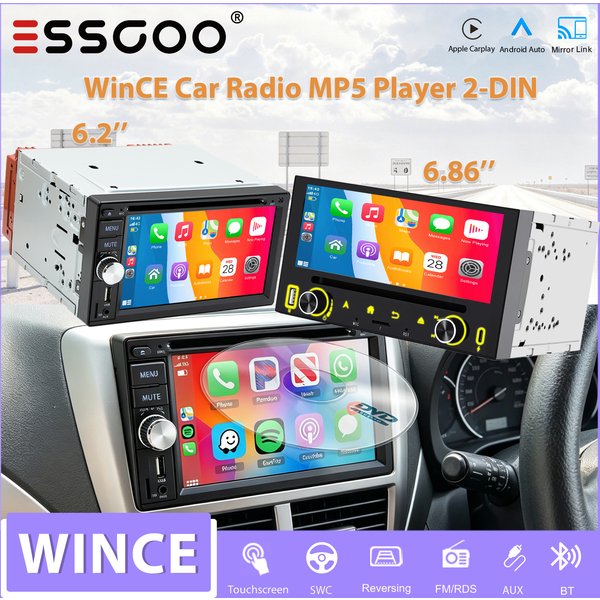 ESSGOO 6,2 Zoll 2 DIN WINCE Autoradio Universal IPS Wireless Carplay Android Auto CD DVD Player AUX FM TF RDS Bluetooth USB MP5 Mirror Link Lenkradsteuerung Touchscreen