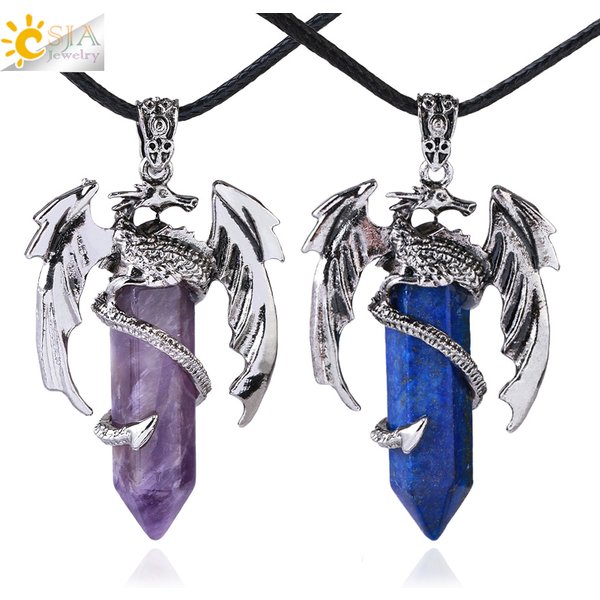 CSJA – collier Dragon Animal pour homme et femme, pierres précieuses naturelles, guérison, Quartz rose, pendentif Hexagonal en cristal, bijoux Vintage H012