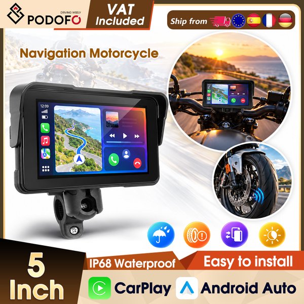 Podofo, lecteur multimédia intelligent portable avec écran large haute définition de 5 pouces, compatible avec la navigation GPS, CarPlay, Android Auto, étanche IP68, CarPlay et Android Auto sans fil,