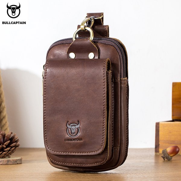 BULLCAPTAIN Fashion Quality Leather Small Summer Pouch Hook Design Waist Pack Bag Cigarette Case 6" Phone Pouch Waist Belt Bag