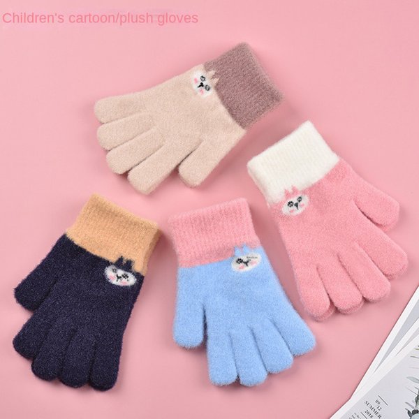 Children Knitted Gloves Winter Kids Kindergarten Student Solid Furry Full Finger Mittens Writing Warmer Hand For 6-12 Years Old