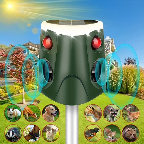Nouveau Répulsif Solaire Ultrasonique et LED avec Capteur PIR pour Oiseaux et Animaux, Alarme Sonore, Rotation à 360 Degrés, pour Extérieur, Éloigne Chats, Chiens, Taupes et Oiseaux