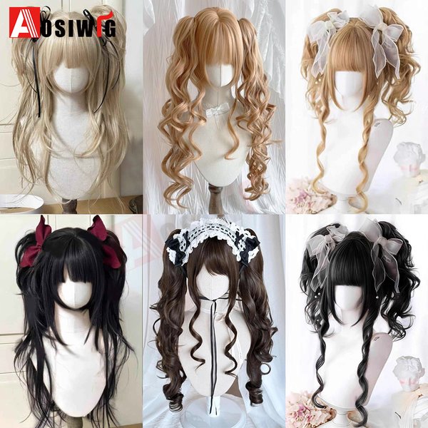 Synthetische Lolita-Perücke im Prinzessinnen-Schnitt mit doppeltem Pferdeschwanz und Pony, für Mädchen, Ombre, Blond, Braun, Weiß, Grau, Cosplay, Halloween, Harajuku-Perücke