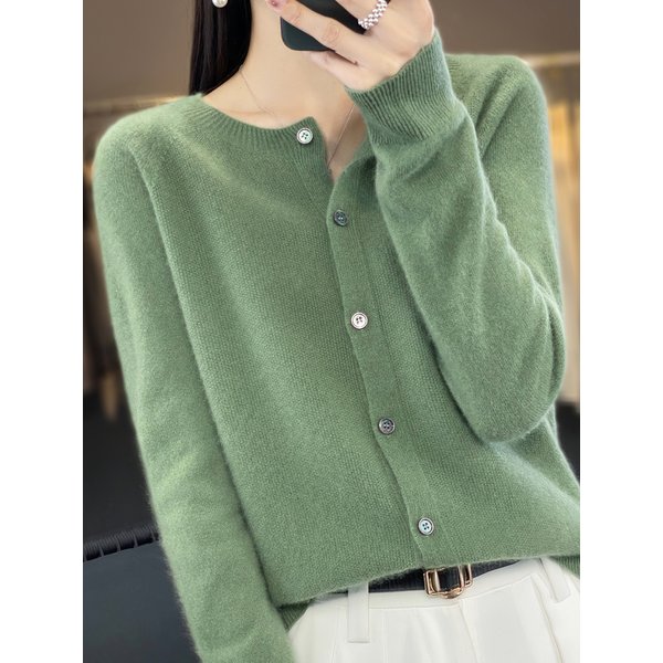 Aliselect Autumn Winter Women 100% Merino Wool Sweater O-Neck Tops Long Sleeve Basic Cashmere Knitwear Cardigan Clothing Coat