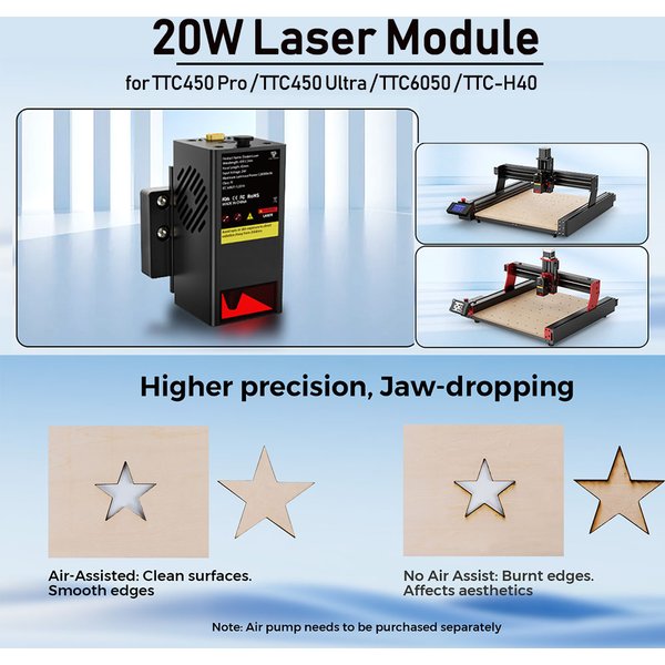 Twotrees TC20 Lasermodul für TTC450 Pro/TTC450 Ultra/TTC6050/TTC-H40 CNC-Fräse 20W Diodenlaserkopf Leistungsstarker Schneidkopf mit Höherer Genauigkeit Lasergravurmodul mit Luftunterstützung