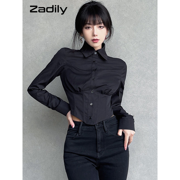 Zadily 2022 Autumn Y2K Sexy Long Sleeve Folds Women Shirt Street Gothic Button Ladies Crop Top Club Female Clothing Blouse Tops