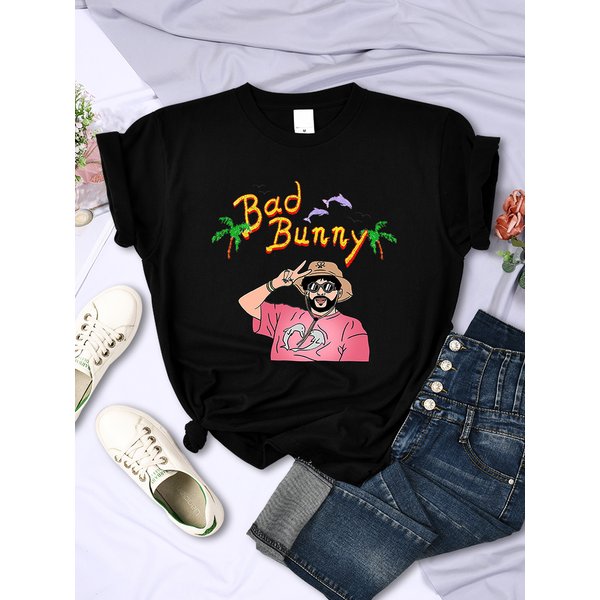 Beach Coconut Bad Bunny Holiday Style Design Women T-Shirt Summer Fashion Short Sleeve Casual Multicolor Top Personalized Versat