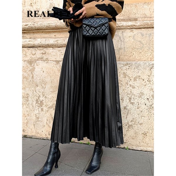 Jupe plissée en cuir PU noir pour femmes, nouvelle collection, taille haute, à la mode, assortie avec tout, jupe mi-longue trapèze