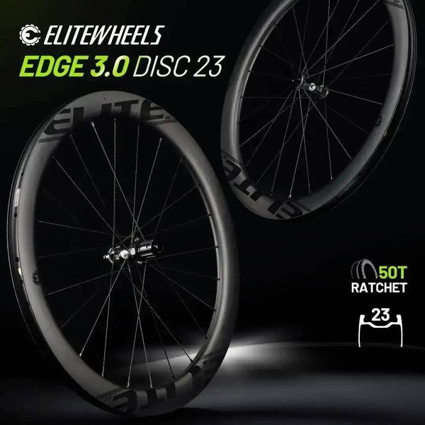 Zestaw kół karbonowych ELITEWHEELS EDGE 3.0 DISC z systemem Ratchet 50T, opona typu Wing, 20 szprych, Center Lock, zestaw kół cruiser, UD Matte Raw Carbon