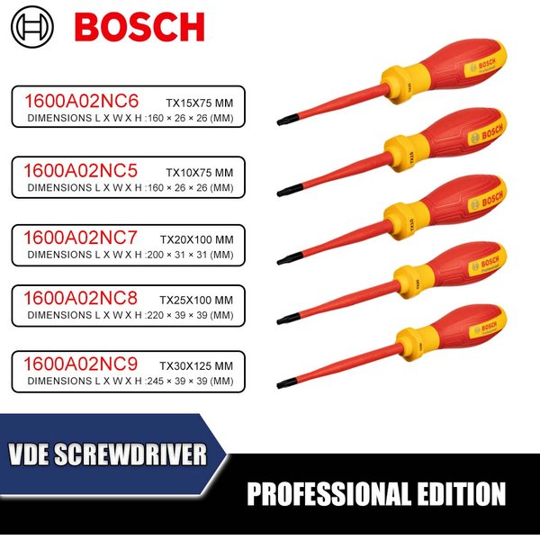 Tournevis VDE BOSCH 1600A02NC5 1600A02NC8 1600A02ND0 TX10x75/TX15x75/TX20x100/TX25x100/TX30x125/TX40x125mm Professionnel