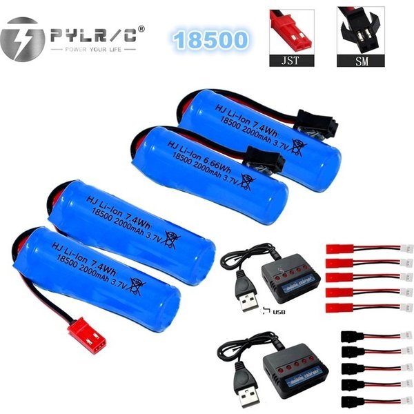 Akumulator litowo-jonowy o dużej pojemności 3.7V 18500 2000mAh do samochodów RC, cylindryczny, z wtyczką SM JST i ładowarką.