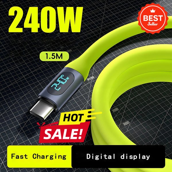 Kabel USB-C do szybkiego ładowania 240W z cyfrowym wyświetlaczem mocy do iPhone 15 16 Xiaomi Samsung Huawei, 1,5 m, silikon płynny