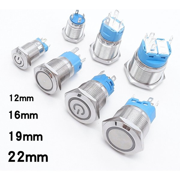 Interrupteurs à bouton-poussoir métalliques 12mm 16mm 19mm 22mm pour équipement de contrôle, alimentation, démarrage, arrêt, voiture, PC, 12V 24V Rouge Vert Bleu 6V