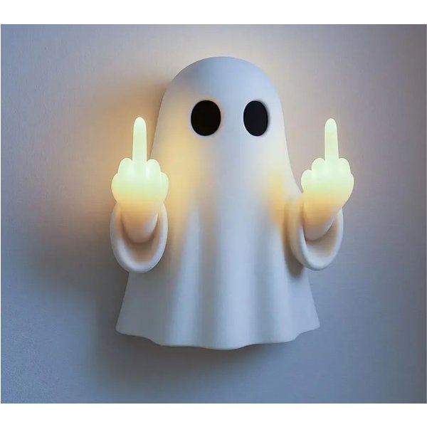 Halloween-Geist mit Mittelfinger – Leuchtende Nachtlampe aus Kunstharz für Veranda, Schlafzimmer, Balkon, Feiertagsdekoration