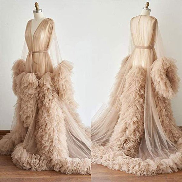 Women's Dressing Gown Perspective Sheer Long Tulle Robe Puffy Pregnancy Maternity Dress for Baby Shower Nightgown Sleepwear