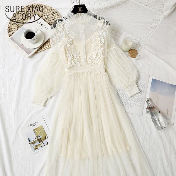 Lace Flower Dress Women Lantern Sleeve Voile Long Dress Female Hook Princess Dresses 2 Piece Set New Robe Vestidos 12041
