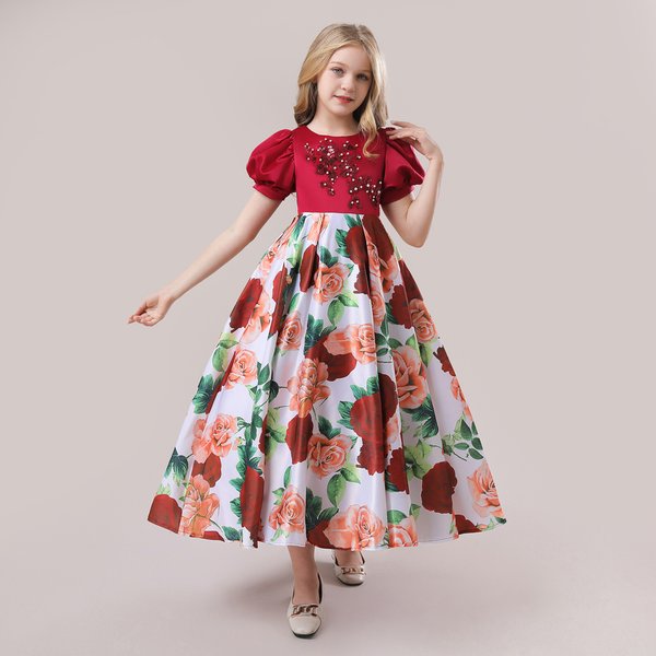 Teen Mädchen rot Weihnachts kleid 4 14 Jahre Kinder gedruckt Geburtstag Prinzessin Kostüm Puff Ärmel Blumen mädchen Hochzeits feier Kleider