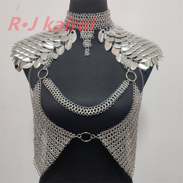 New Fashion Metal Mermaid Fish Scales Neck Shoulder Chains Layers Chainmail Dragon Scale Shoulder Jewelry 3 Colors