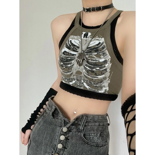 Punk ästhetische Cyber Retro Röntgen Skelett Druck Rippe ärmellose Weste Army green Crop Top Designer Kleidung Frauen Sommer Emo