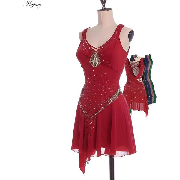Robe de danse de patinage artistique lyrique pour adultes, sans manches, fente latérale, robe fluide en mousseline de soie, strass, Costume de justaucorps de danse de Ballet pour femmes