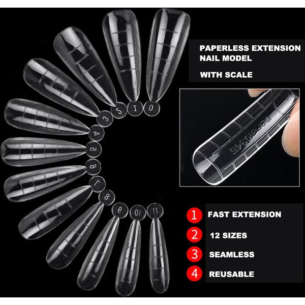 Faux ongles en acrylique transparent, 120 pièces, extension, manucure française, cercueil, moule avec échelle