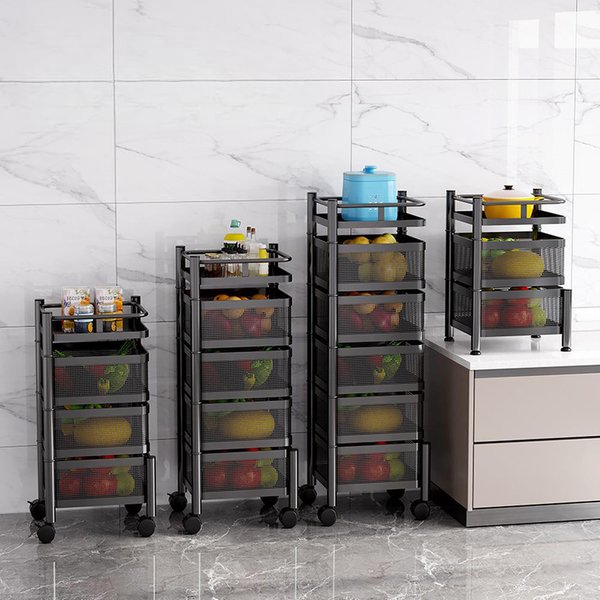 Chariot de rangement rotatif HiMiss, panier en fil métallique pour fruits et légumes avec roues à 360 degrés verrouillables pour la cuisine