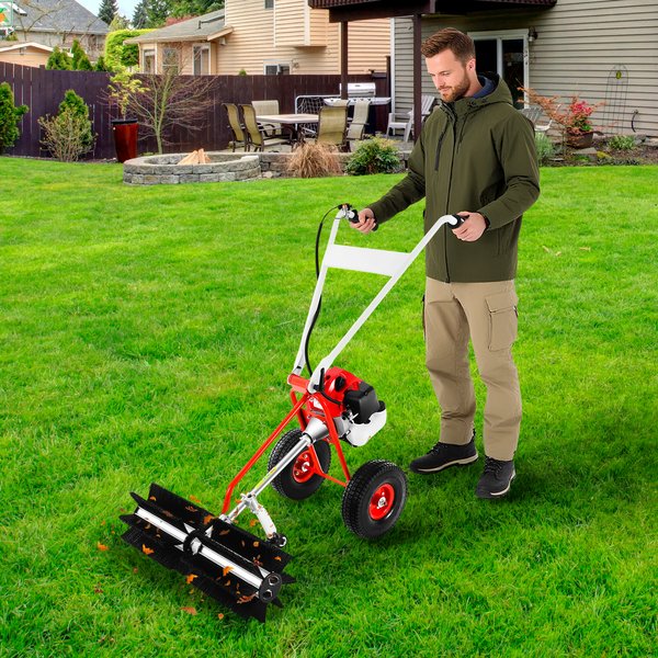 Benzinbetriebene Schiebesaugmaschine mit ergonomischem Griff und Lenkrolle, 43cc Laubsauger für Rasenflächen und Golfplätze