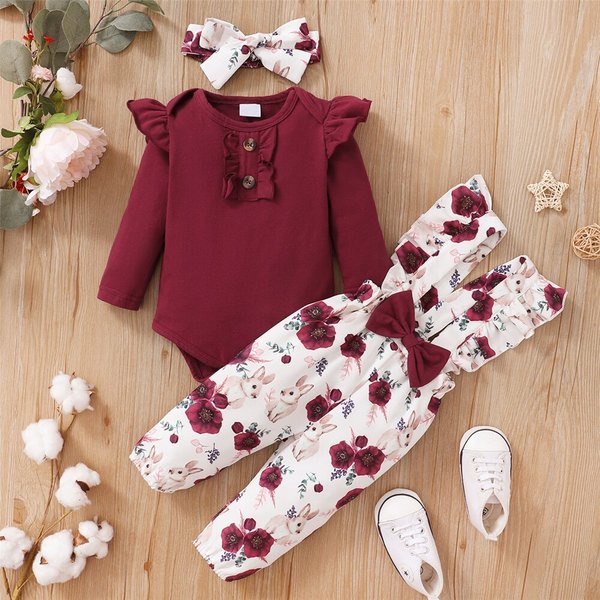0-24 Monate Neugeborenes Baby Mädchen 3-teiliges Kleidungsset Langarm Strampler + Blumenträgerhose + Stirnband Frühling und Herbst Schönes Outfit