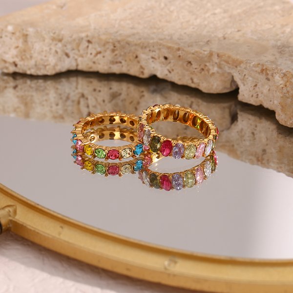 E.B.belle Bague de Luxe Scintillante en Zircon AAA, Zircon Arc-en-ciel Coloré, Bague Baguette, Bijou de Fête pour Fille, Acier Inoxydable