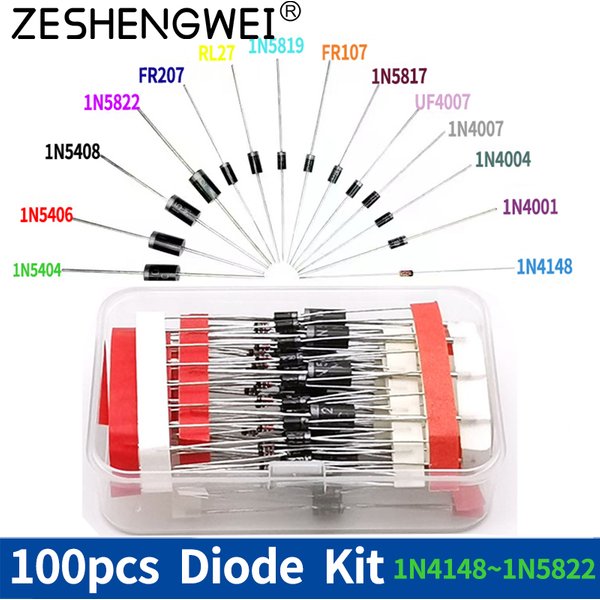 Kit de Diodes redresseurs à Diode Schottky, 100 pièces, 8 valeurs, 1N4148 1N4007 1N5819 1N5399 1N5408 1N5822 FR107 FR207, Diode à commutation rapide