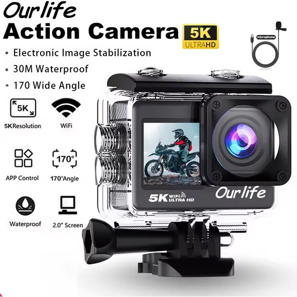 Kamera sportowa Ourlife 5K 4K60FPS 2,0-calowy ekran dotykowy WiFi 170 ° Szerokokątne, wodoodporne kamery sportowe 30M do rowerów i motocykli