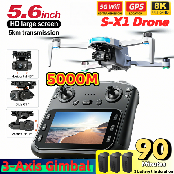 S-X1 MAX GPS-Drohne mit 3-Achsen-Gimbal, 5000 m FPV 8K/4K HD-Kamera mit LCD-RC-Bildschirm, 3 Batterien, professionelle RC-Quadcopter-Geschenke