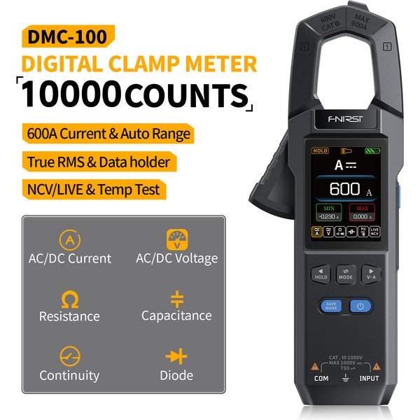 FNIRSI DMC-100 Miernik cęgowy prądu DC AC 10000 liczników Cyfrowy multimetr 600A Tester cęgowy amperometryczny NCV Narzędzia dla elektryków