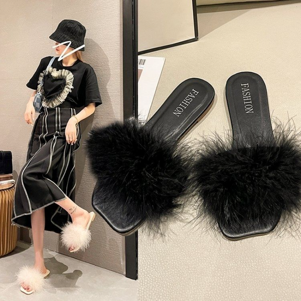 Été 2025 diapositives moelleuses Vintage plume chaussons pour femmes et dames sandales chaussures plates rose pelucheux fourrure tendance nouveau Style I F B