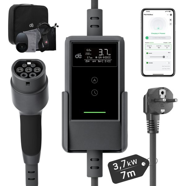 Tragbares EV-Ladegerät Typ 2 3,7kW 16A APP-Steuerung Elektrofahrzeug-Ladegerät 5,5m 7m 10m 15m 20m 25m Ladekabel Optional Heim-Wallbox