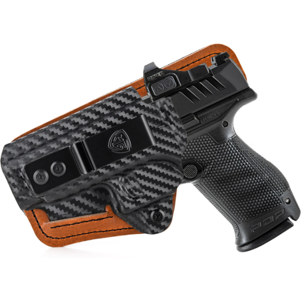Hybrydowa kabura IWB z kydexu, skórzana i wyściełana pianką, do pistoletów Walther PDP Compact 4" i PDP Full Size 4.5", do ukrytego noszenia wewnątrz.