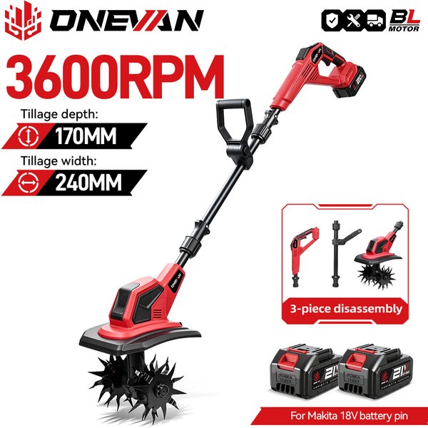 ONEVAN 2500W Bürstenloser Elektro-Gartenfräser Rasenmäher Bodenfräse Gartenwerkzeug für Makita 18V Akku