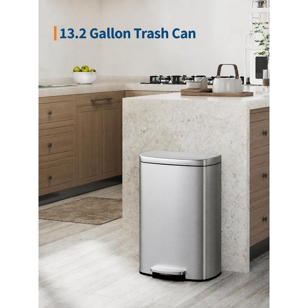 Poubelle de cuisine de 13 gallons (50 L), poubelle à pédale en métal, poubelle en acier inoxydable à fermeture douce, seau intérieur amovible, pour la cuisine, le salon et le bureau.