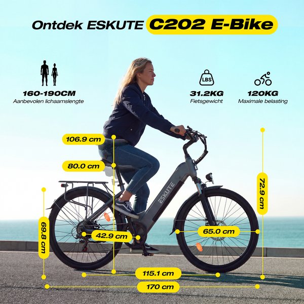 Urbanes Elektrofahrrad 26 Zoll ESKUTE C202 City Commuter E-Bike 7-Gang 48V 17,5Ah Abnehmbarer Akku LED-Scheinwerfer 40km/h Elektrofahrrad