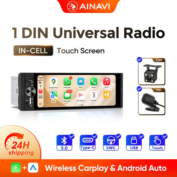AINAVI Autoradio 1 DIN Carplay Wireless Android Auto Universelles Auto-Multimedia-MP5-Player 6,36 HD IPS Bildschirm Typ-C BT 5.0 1DIN