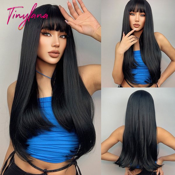 Perruque synthétique longue et lisse avec frange, perruques de cheveux gris noir foncé pour femmes, cheveux naturels de Cosplay, perruques superposées résistantes à la chaleur