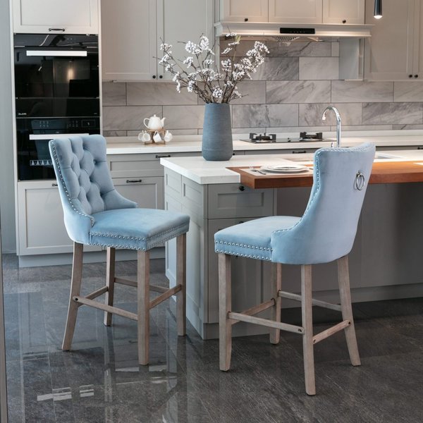 Contemporary Velvet Upholstered Bar Stools with Button Tufted Decoration Wooden Legs and Chrome Nailhead Trim Leisure Bar Chairs Counter Height Stools Set of 2 Light Blue Home Furniture for Kitchen