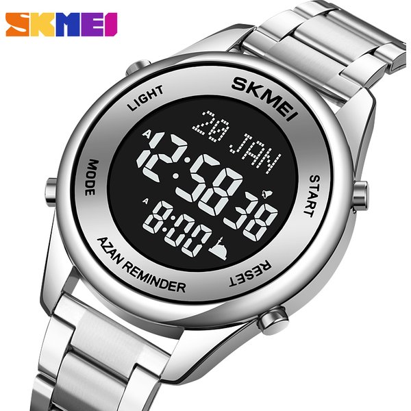 SKMEI Neue Edelstahl Muslimischen Azan Männer Uhr für Gebet mit Qibla Kompass Adhan Alarm Hijri Islamische Armbanduhr Montre homme